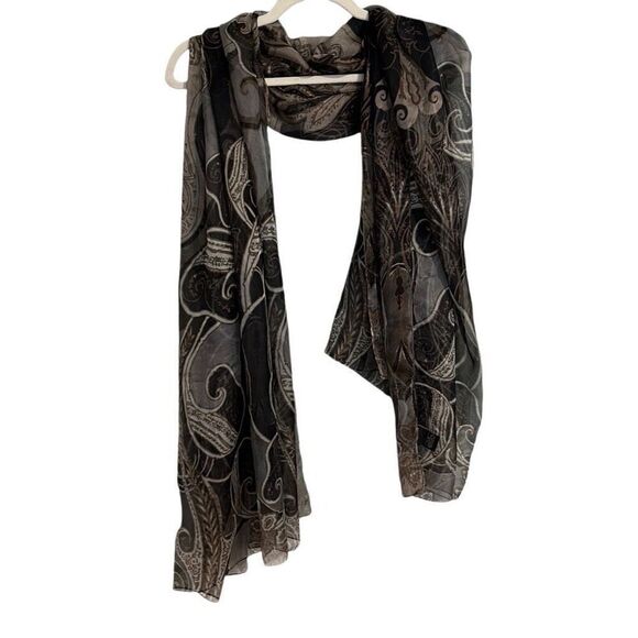 Extra Large neutral semi-sheer paisley & medallion print gray, brown, beige - Picture 1 of 9
